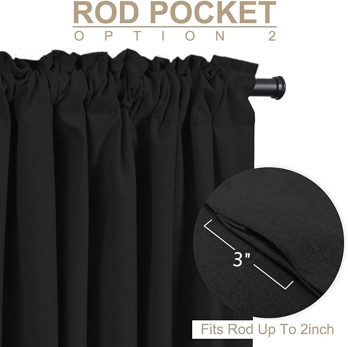 100% Blackout Shield Linen Blackout Curtains for Bedroom 63 Inches Long, Back Tab/Rod Pocket Living Room Drapes, Thermal Insulated Blackout Curtains 2 Panels Set, 50" W x 63" L, Black