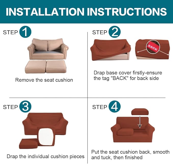 Turquoize 3 Piece Sofa Covers for 2 Cushion Couch Sofa Slipcover Soft Couch Cover for Dogs-Washable Sofa Furniture Covers with 2 Individual Cushion Covers, Thick Jacquard Fabric (Loveseat, Rust)