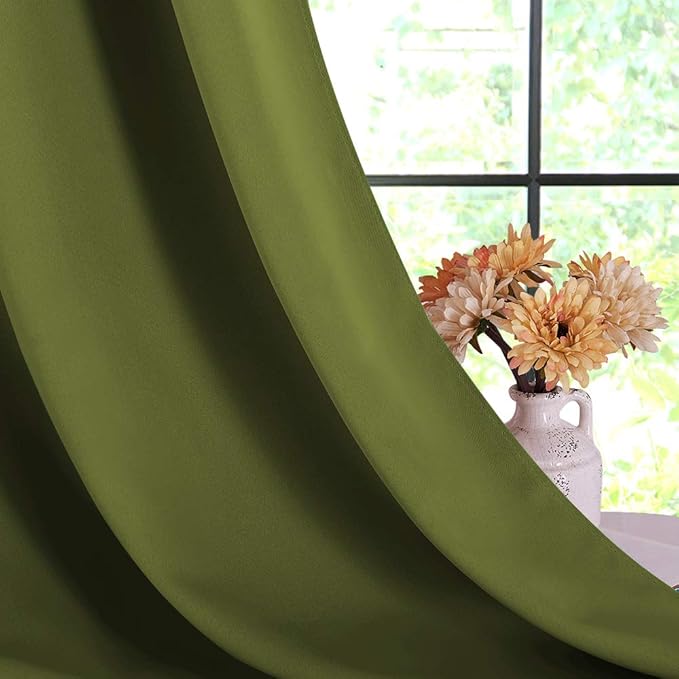 NICETOWN Bedroom Curtain Panels Blackout Draperies, Thermal Insulated Solid Grommet Blackout Drapes for Christmas Decoration (1 Pair, 42 by 45-Inch, Olive Green)