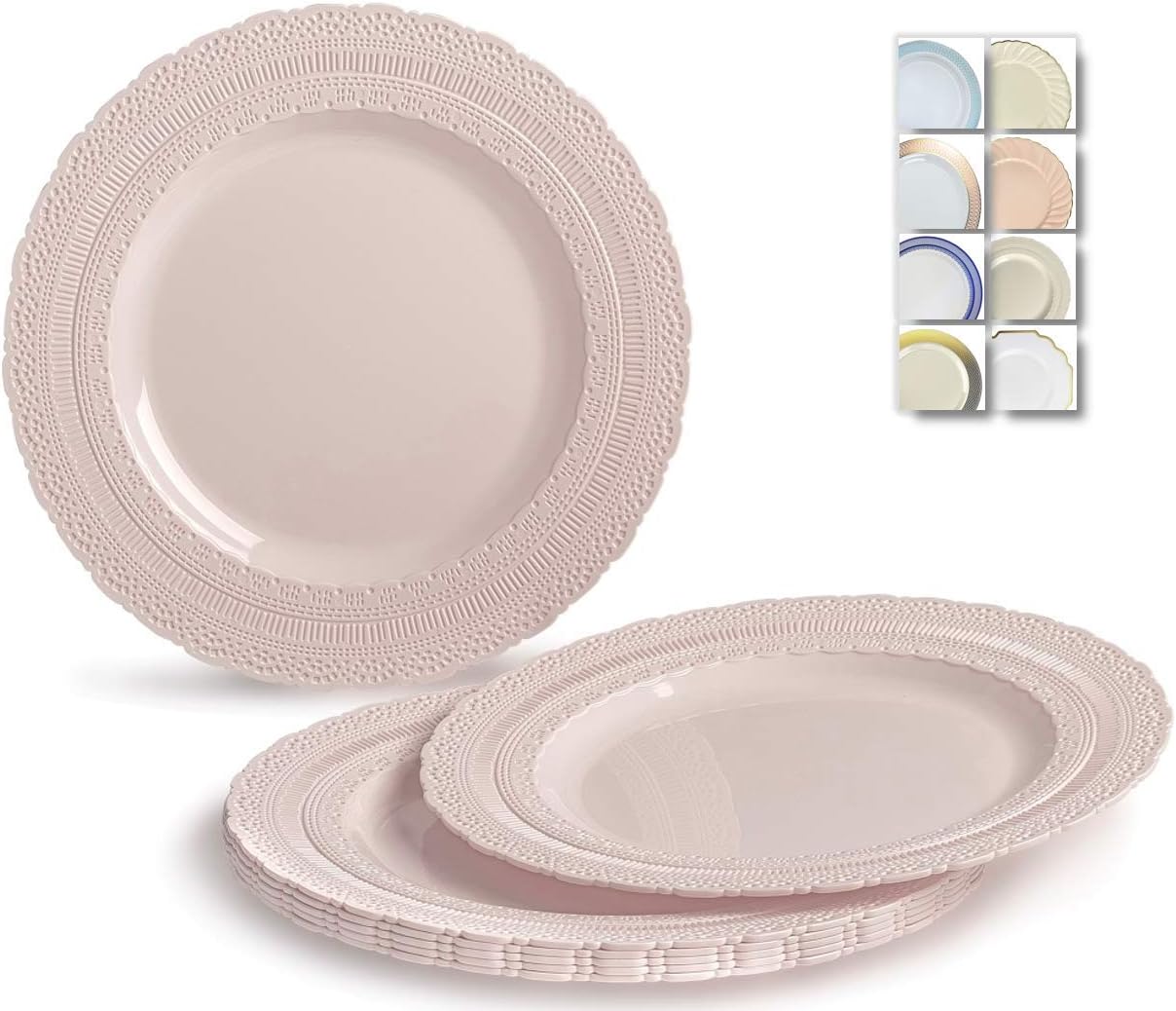 " OCCASIONS " 60 Plates Pack, Extra Heavyweight Vintage Wedding Party Disposable Plastic Plates (8.25'' Appetizer/dessert plate, Chateau in Blush/Dusty Rose Pink)