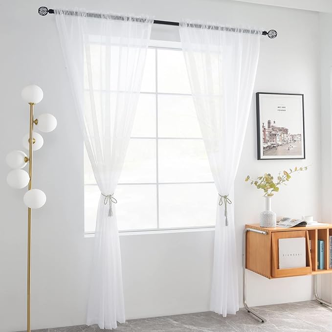 youleyar Solid Sheer Rod Pocket Curtain Voile Draperies 2 Panels White Beige Black Grey Coffee 52 Inch Width 128 Inch Long 1 Pair for Kitchen Bedroom Children Living Room Yard(White,52Wｘ128L)