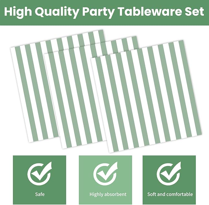 50PCS Sage Green Striped Paper Plates and Napkins Party Supplies, Green and White Scalloped Party Plates and Napkins Tableware Set for Birthday Bridal & Baby Shower Wedding Party Decoration