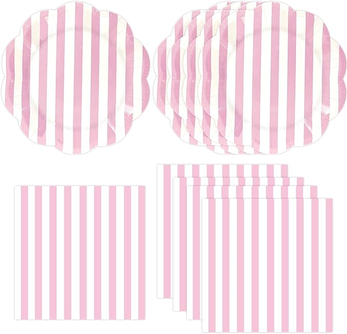 50PCS Pink Striped Paper Plates and Napkins Party Supplies, Pinkand White Scalloped Party Plates and Napkins Tableware Set for Birthday Bridal & Baby Shower Wedding Party Decoration (Pink)