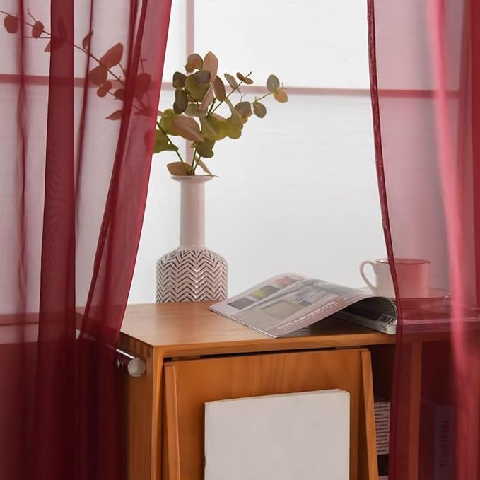SpaceDresser Burgundy Sheer Curtains 4 Panels Rod Pocket Semi-Sheer Curtain 84 Inches Long Light Filtering Voile Window Drapes for Bedroom Living Room Kitchen, Each 52W x 84L