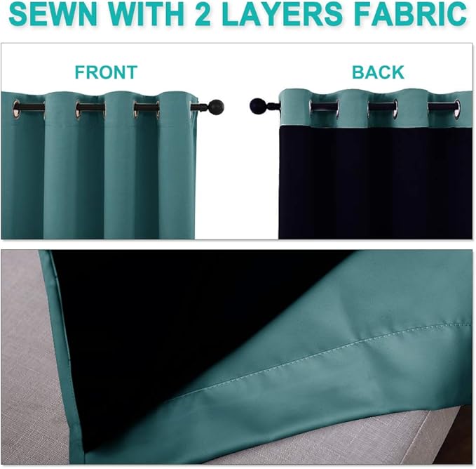NICETOWN Total Shade Curtains and Draperies, Sea Teal, Package of 2, 62 inches Wide x 95 inches, LongHeavy-Duty Full Light Shading Drapes with Black Liner Backing for Villa/Hall/Dorm Window