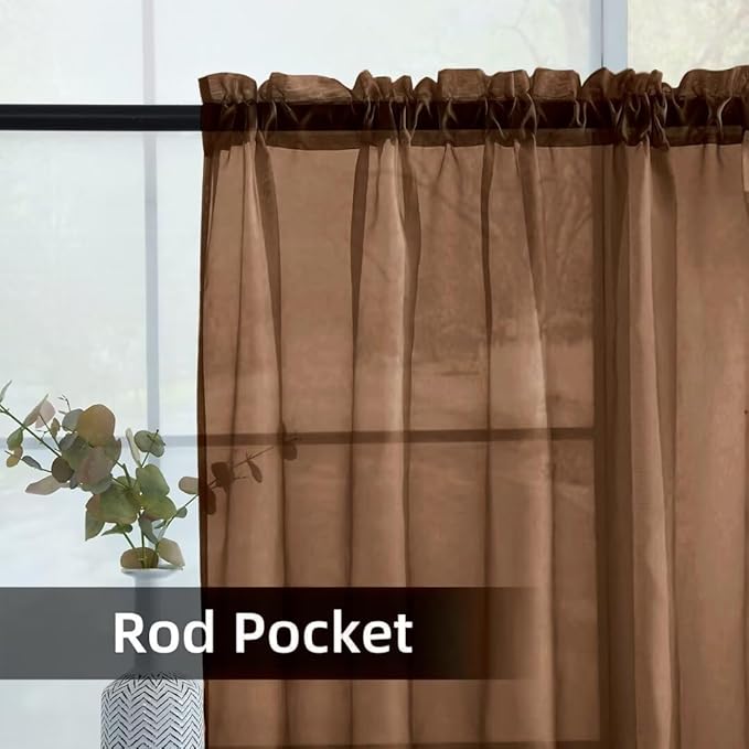 youleyar Solid Sheer Rod Pocket Curtain Voile Draperies 2 Panels White Beige Black Grey Coffee 52 Inch Width 45 Inch Long 1 Pair for Kitchen Bedroom Children Living Room Yard (Brown,52Wｘ45L)