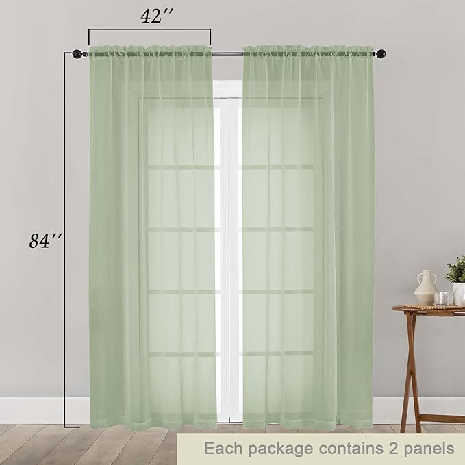 Light Green Sheer Curtains 84 Inches Long 2 Panels Set for Bedroom Living Room, Soft Airy Light Filtering Modern Solid Rod Pocket Drapes Window Treatments, Light Green, Each 42" W x 84" L