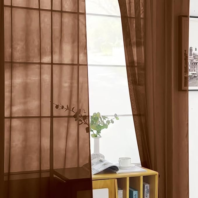 SpaceDresser Sheer Voile Window Treatment Rod Pocket Curtain Panels for Kitchen Bedroom Living Room Drapes Sunlight Filtering Privacy Semi Home Decor Assorted (Brown, 52 W x 72 L)