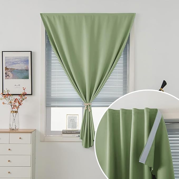 Magic Tape Blackout Curtains for Bedroom No Drillng Self Adhesive Curtains No Rod Small Window, 47" W X 59" L, Sage Green, 1 Panel