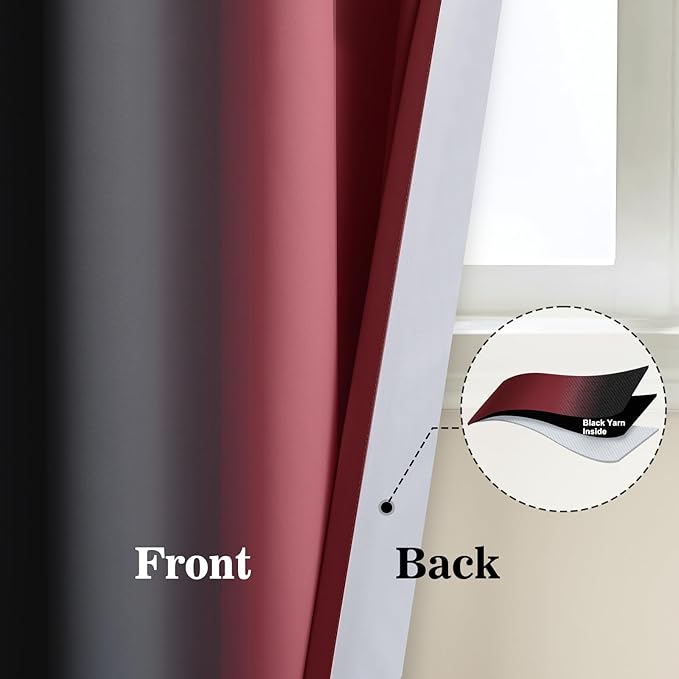 Yakamok Blackout Ombre Burgundy and Black Curtains for Bedroom, Gradient Room Darkening Curtains, Grommet Thermal Insulated Light Blocking Window Drapes/Curtain for Living Room,52 x 72 Inch,2 Panels