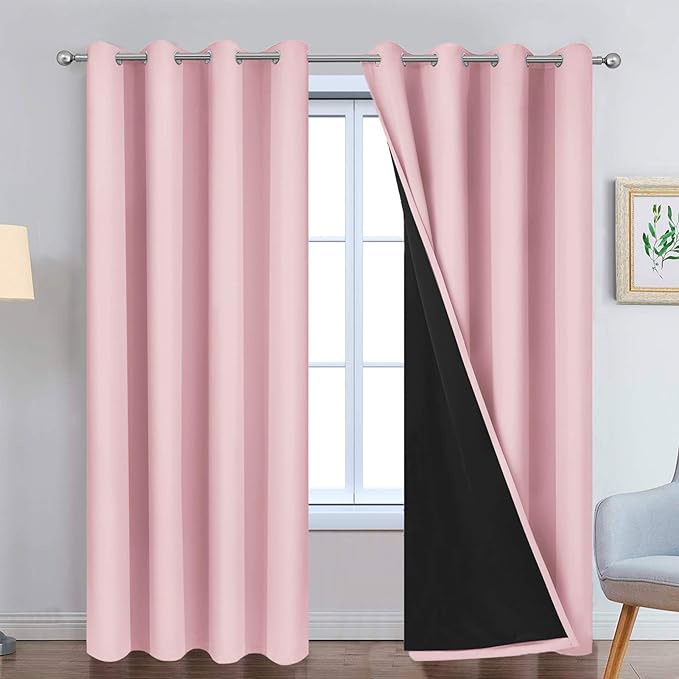 Yakamok Full Blackout Curtains 84 Inches Long,Blackout Curtain Panels for Bedroom, 2 Thick Layers Grommet Top Thermal Insulated Drapes with Black Liner for Living Room(Pink, Set of 2)