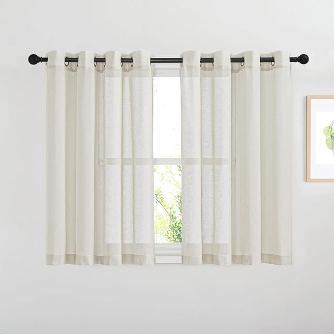 NICETOWN Kitchen Curtains Linen Burlap Drapes for Bedroom, Grommet Top Semi Sheer Privacy Window Treatment Light Filtering for Living Room, Natural, W52 x L45, Set of 2