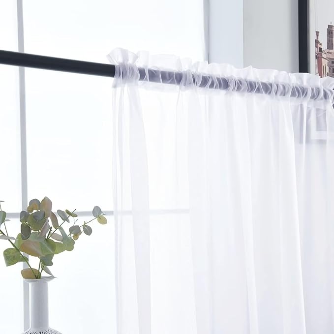 SpaceDresser Optical White Sheer Curtains 4 Panels Rod Pocket Semi-Sheer Curtain 54 Inches Long Light Filtering Voile Window Drapes for Bedroom Living Room Kitchen, Each 52W x54L