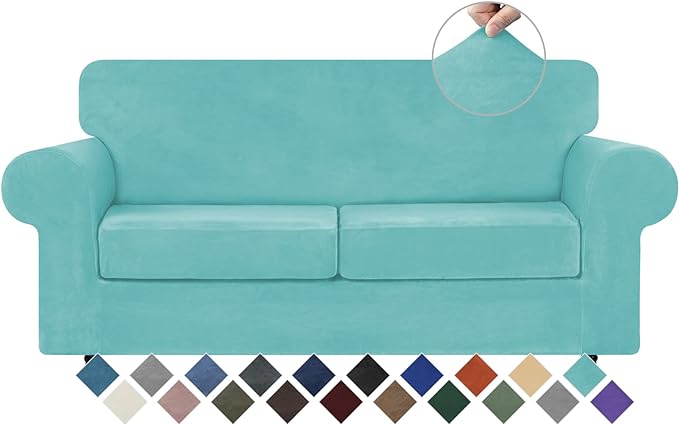 WEERRW Velvet Couch Covers for 2 Cushion Couch Sofa - High Stretch Luxury Velvet Plush 3 Pieces Sofa Slipcovers with Elastic Bottom, Furniture Protector for Pets, Machine Washable, Aqua, Medium
