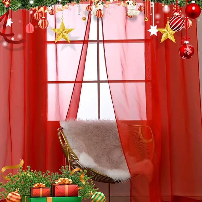 SpaceDresser Sheer Voile Window Treatment Rod Pocket Curtain Panels for Kitchen Bedroom Living Room Drapes Sunlight Filtering Privacy Semi Home Decor Assorted (Red, 52 W x 108 L)