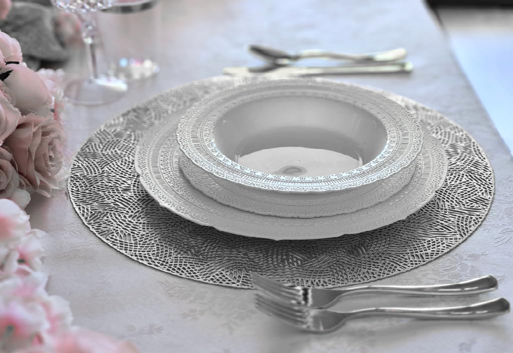 " OCCASIONS " 60 Piece Plates Pack, Extra Heavyweight Vintage Wedding Party Disposable Bowls (14oz Soup Bowl, Chateau in Light Gray)