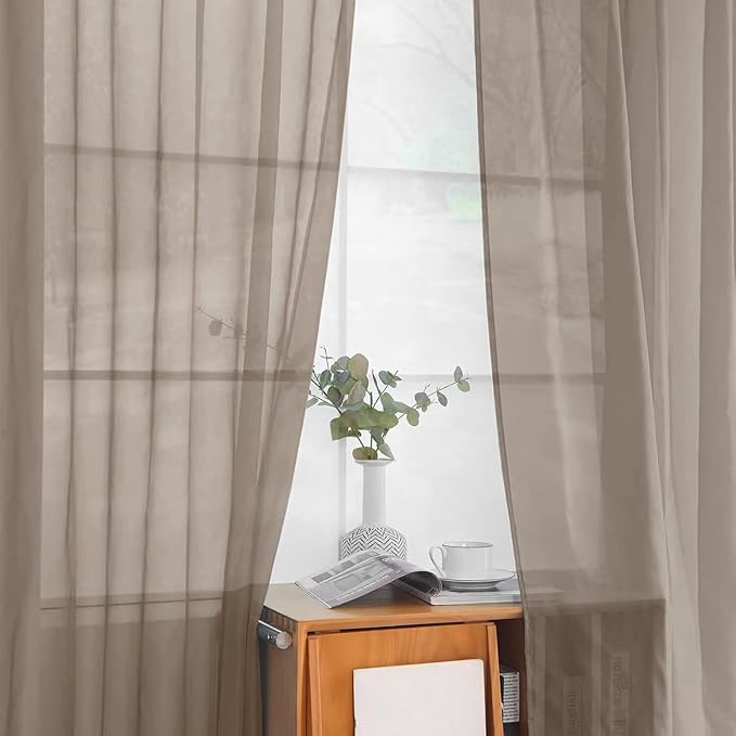 youleyar Solid Sheer Rod Pocket Curtain Voile Draperies 2 Panels White Beige Black Grey Ivory 52 Inch Width 108 Inch Long 1 Pair for Kitchen Bedroom Children Living Room Yard (Taupe,52Wｘ108L)