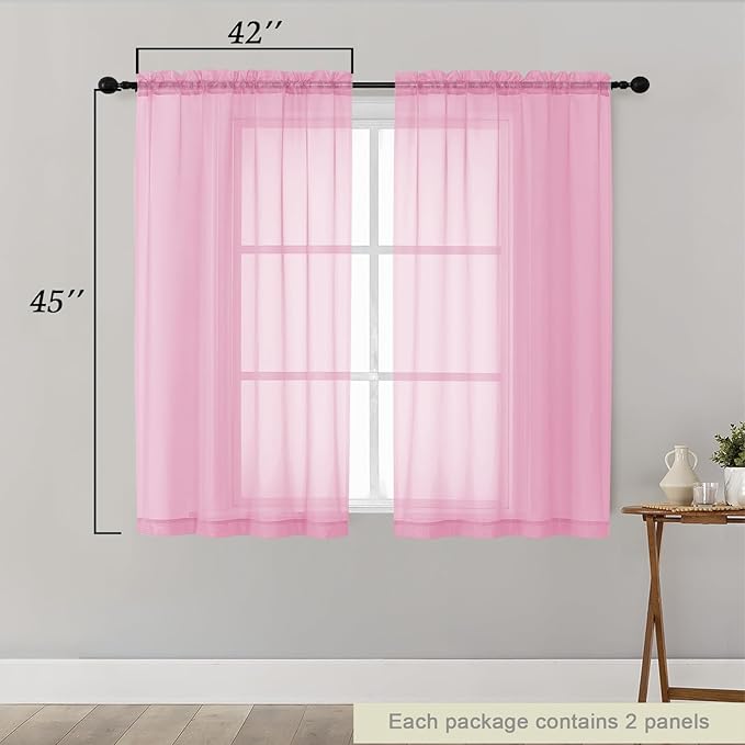 Pink Sheer Curtains for Bedroom Living Room 45 Inch Length 2 Panels, Soft Airy Light Filtering Small Kitchen Window Curtains, Rod Pocket Short Curtain Drapes, Pink, 42" Wx45 L Inches