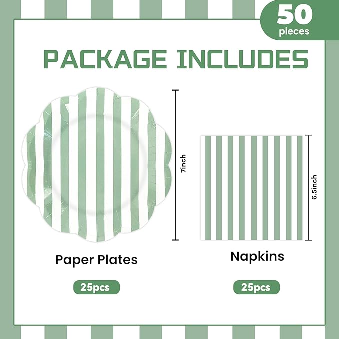 50PCS Sage Green Striped Paper Plates and Napkins Party Supplies, Green and White Scalloped Party Plates and Napkins Tableware Set for Birthday Bridal & Baby Shower Wedding Party Decoration