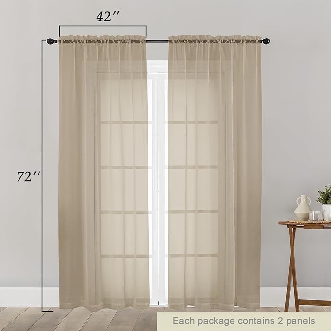 Taupe Sheer Curtain for Bedroom Living Room 72 Inches Long 2 Panels Set, Solid Soft Airy Light Filtering Sheer Window Curtains, Modern Rod Pocket Door Curtain, Taupe, 42" Wx72 L Inches