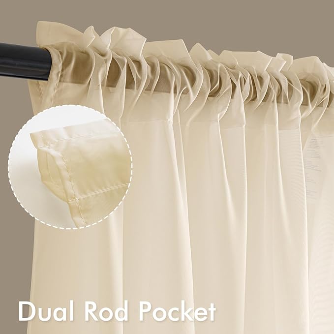 MIULEE Butter Cream Sheer Curtains 96 Inches Long, 4 Panels Set, Rod Pocket Voile Drapes Light Filtering and Semi Transparent, Elegant Window Treatments for Bedroom Living Room,42 x 96 Inches