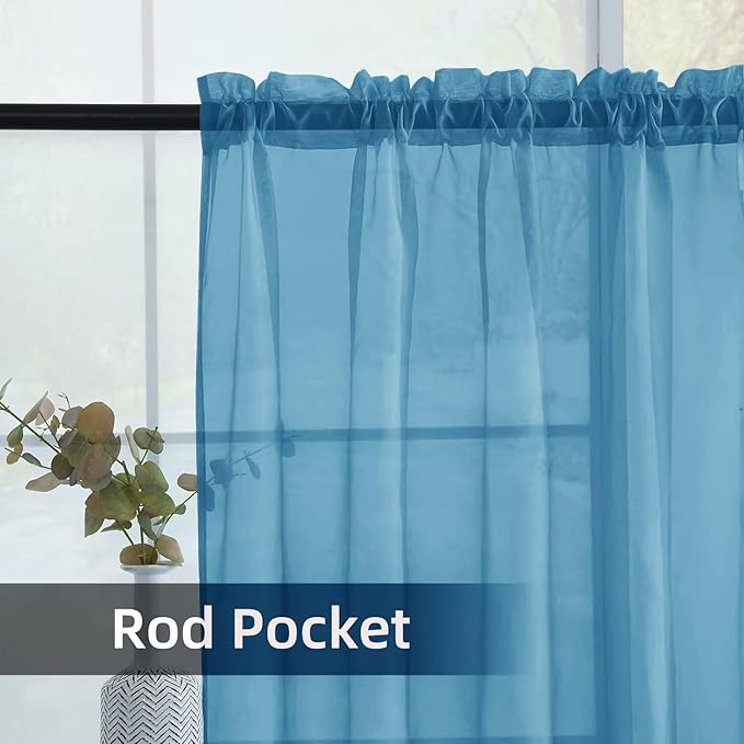 youleyar Solid Sheer Rod Pocket Curtain Voile Draperies 2 Panels White Beige Black Grey Ivory 52 Inch Width 63 Inch Long 1 Pair for Kitchen Bedroom Children Living Room Yard (Blue,52Wｘ63L)