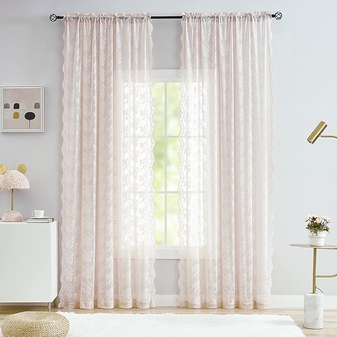 YJ YANJUN Vintage Lace Curtains 96 Inches Long-Victorian Floral Pattern Dusty Pink Sheer Curtain Panels for Living Room Bedroom,Light Filtering, Shabby Chic Girls Drapes 2 Panels 52W x 96L