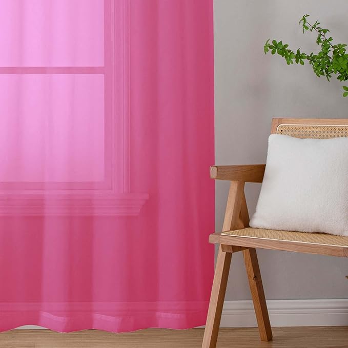 Hot Pink Sheer Curtains for Bedroom Living Room 45 Inch Length 2 Panels, Soft Airy Light Filtering Small Kitchen Window Curtains, Rod Pocket Short Curtain Drapes, Hot Pink, 42" Wx45 L Inches
