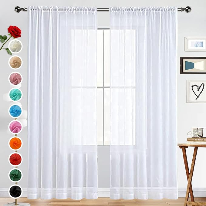 SpaceDresser Basic Rod Pocket Sheer Voile Window Curtain Panels White 1 Pair 2 Panels 52 Width 63 Inch Long for Kitchen Bedroom Children Living Room Yard(White,52 W x 63 L)