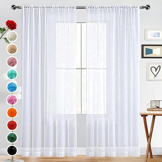 SpaceDresser Basic Rod Pocket Sheer Voile Window Curtain Panels White 1 Pair 2 Panels 52 Width 90 Inch Long for Kitchen Bedroom Children Living Room Yard(White,52 W x 90 L)