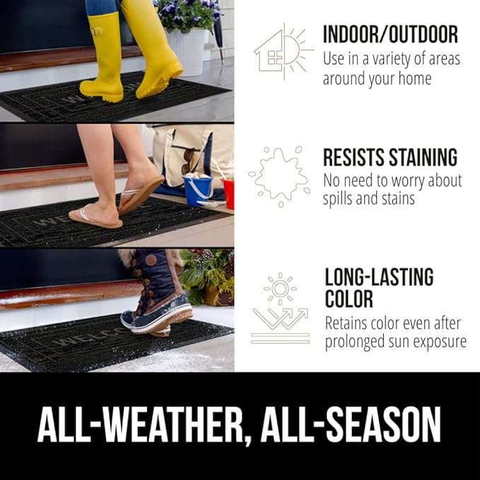 GORILLA GRIP 100% Waterproof All-Season WeatherMAX Doormat 35x23, US Designed Natural Rubber, Stain and Fade Resistant, Low Profile Indoor Outdoor Door Mats, Easy Clean Patio Mat, Black Welcome