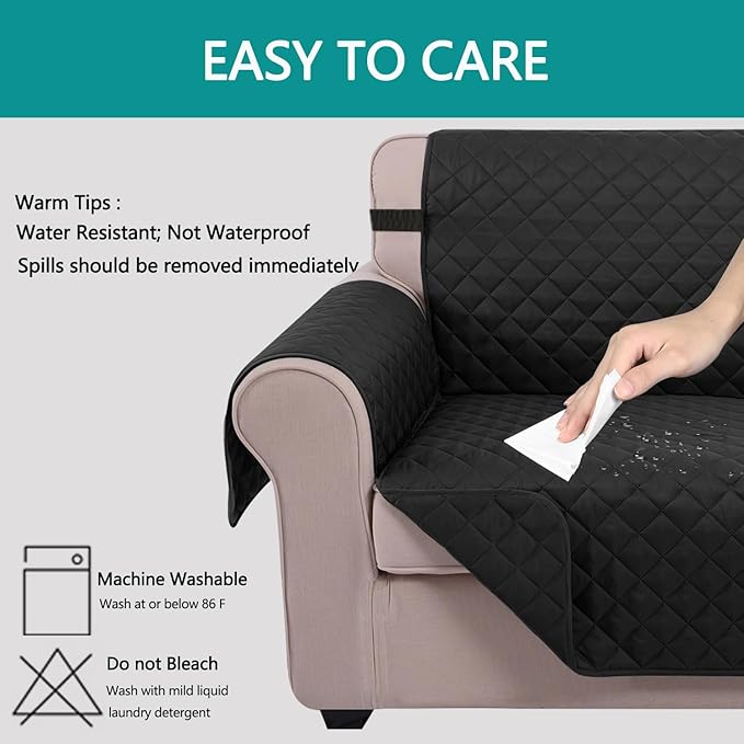 U-NICE HOME 4 Seater Sofa Cover 91 Inch Large Couch Covers for 4 Cushion Couch with Elastic Straps Water Resistant Furniture Protector Cover for Pets Cat (Sofa XX-Large, Black/Black)