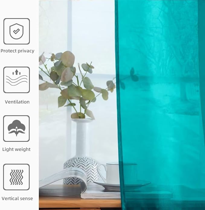 youleyar Solid Sheer Rod Pocket Curtain Voile Draperies 2 Panels White Beige Black Grey Coffee 52 Inch Width 63 Inch Long 1 Pair for Kitchen Bedroom Children Living Room Yard (Peacock Blue,52Wｘ63L)