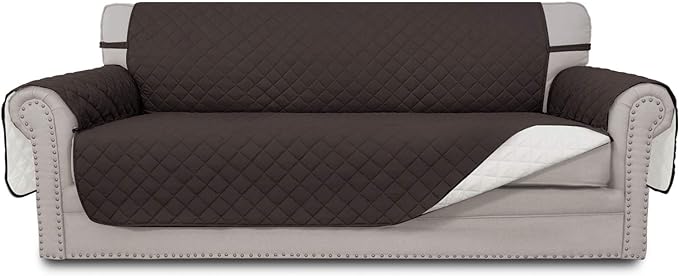 Easy-Going 4 Seater Sofa Slipcover Reversible Sofa Cover Water Resistant Couch Cover with Foam Sticks Elastic Straps Furniture Protector for Pets Children Dog Cat (XX-Large, Chocolate/Ivory)