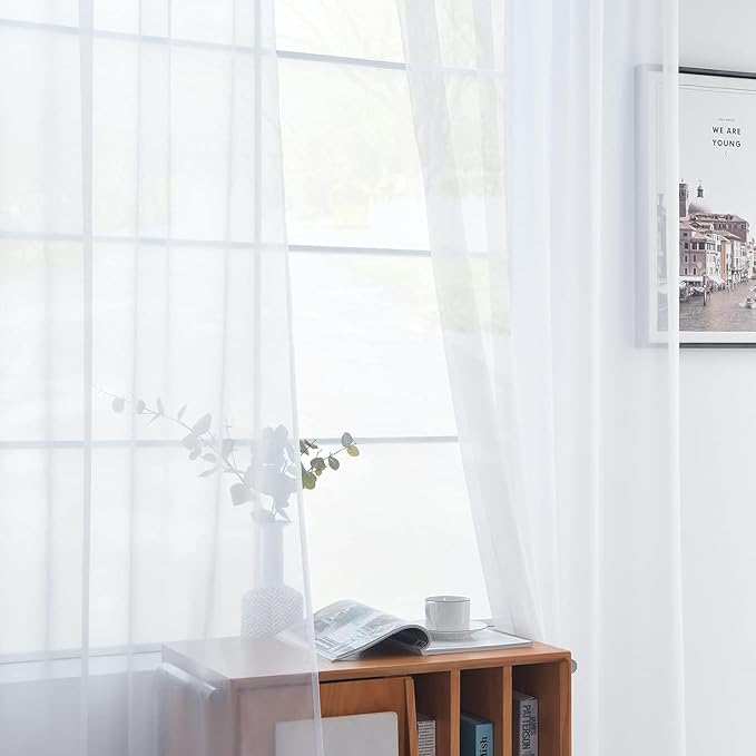 youleyar Solid Sheer Rod Pocket Curtain Voile Draperies 2 Panels White Beige Black Grey Coffee 42 Inch Width 45 Inch Long 1 Pair for Kitchen Bedroom Children Living Room Yard(White,42Wｘ45L)