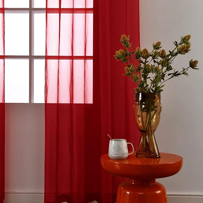 SpaceDresser Christmas Red Sheer Curtains 4 Panels Rod Pocket Semi-Sheer Curtain 90 Inches Long Light Filtering Voile Window Drapes for Bedroom Living Room Kitchen, Each 52W x 90L