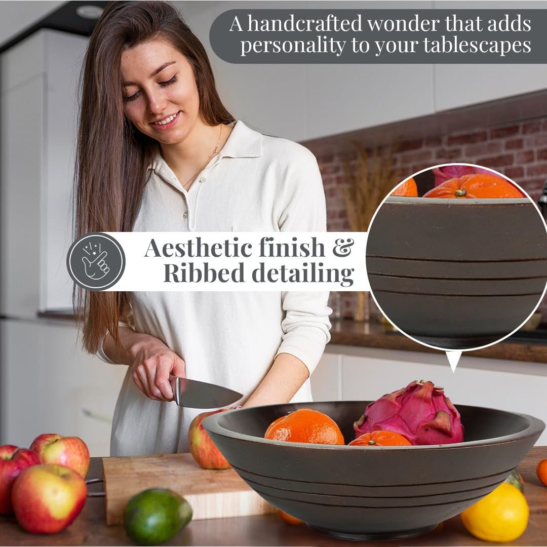Folkulture Wooden Fruit Bowl for Kitchen Counter | 11" Large Premium Eco Friendly Banana Fruit Basket for Kitchen | Mango Wood Bowl, Black Fruit Bowl for Table Decor, Centerpiece for Dining