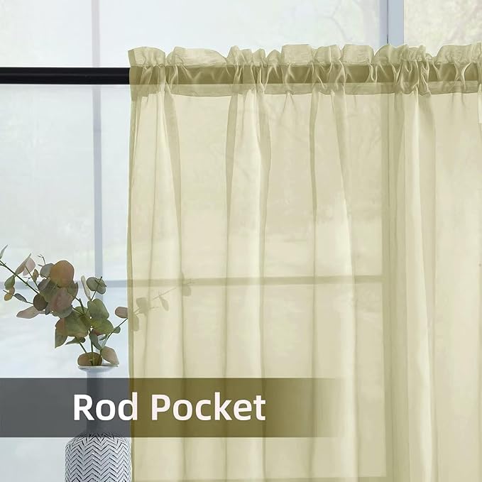 youleyar Solid Sheer Rod Pocket Curtain Voile Draperies 2 Panels White Beige Black Ivory Coffee 26 Inch Width 24 Inch Long 1 Pair for Kitchen Bedroom Children Living Room Yard(Sage Green,26W x 24L)