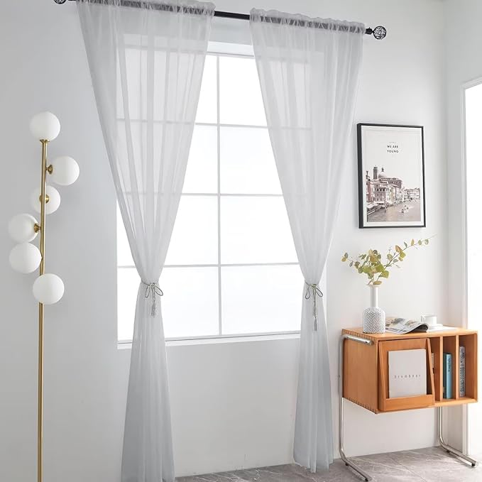 SpaceDresser Basic Rod Pocket Sheer Voile Window Curtain Panels Silver Grey 1 Pair 2 Panels 52 Width 72 Inch Long for Kitchen Bedroom Children Living Room Yard（Silver Grey, 52W x 72L）