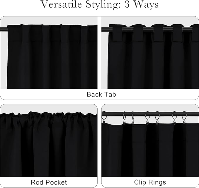 PONY DANCE Window Blackout Curtains - Nursery Drapery Back Tab Rod Pocket Thermal Insulated Short Curtain Panels Home Decoration, 52 Wide x 54 Long, Black, Set of 2
