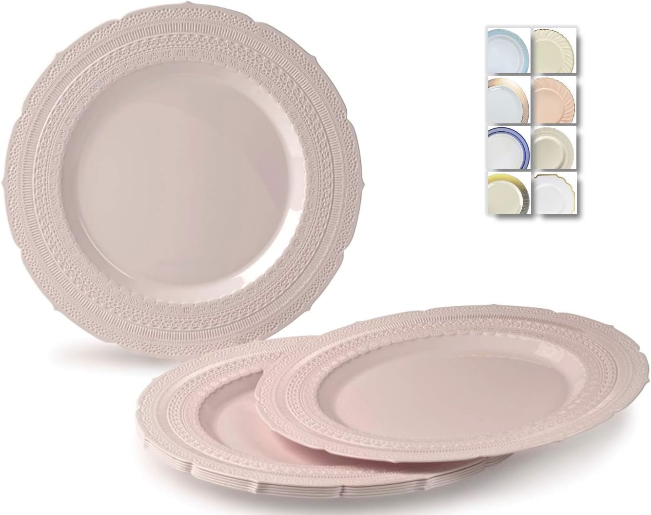 " OCCASIONS " 60 Plates Pack, Extra Heavyweight Vintage Wedding Party Disposable Plastic Plates (7'' Dessert Plate, Chateau in Blush/Dusty Rose Pink)