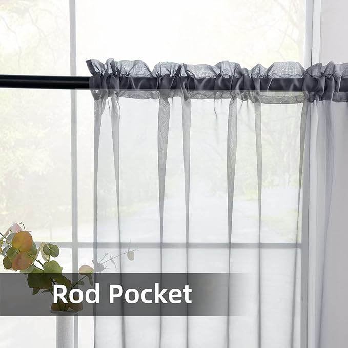 youleyar Solid Sheer Rod Pocket Curtain Voile Draperies 2 Panels White Beige Black Grey Coffee 52 Inch Width 45 Inch Long 1 Pair for Kitchen Bedroom Children Living Room Yard(Grey,52Wｘ45L)