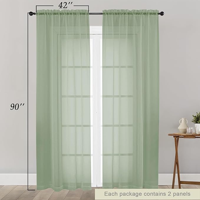 Sage Green Sheer Curtains for Bedroom Living Room 90 Inches Long 2 Panels Set, Soft Airy Light Filtering Sheer Window Treatments, Modern Rod Pocket Curtains Drapes, Each 42" Wx90 L Inch