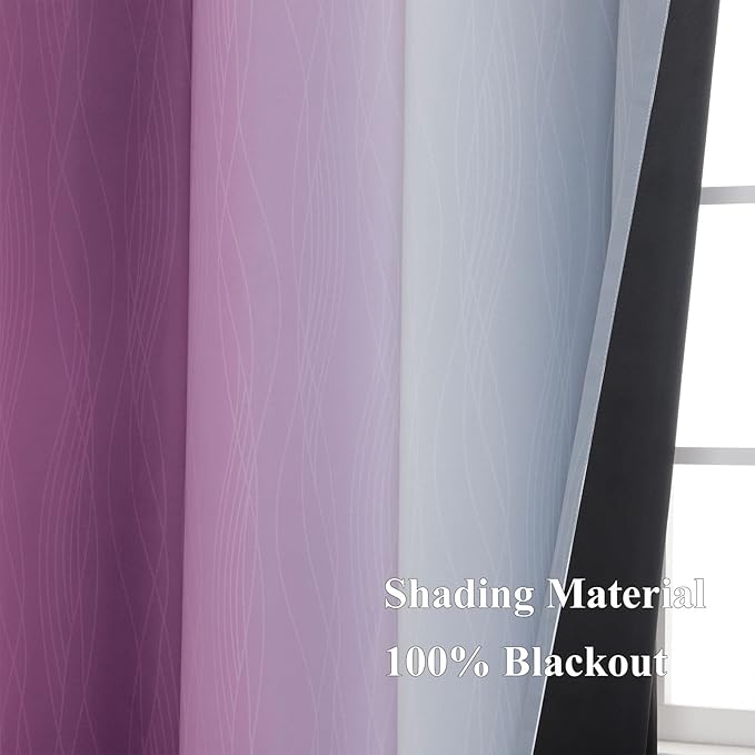 Estelar Textiler Purple and Grey Ombre Blackout Curtains 102 Inches Long for Bedroom, Thermal Insulated Full Room Darkening Grommet Gradient Drapes for Living Room, 52Wx102L, 2 Panels