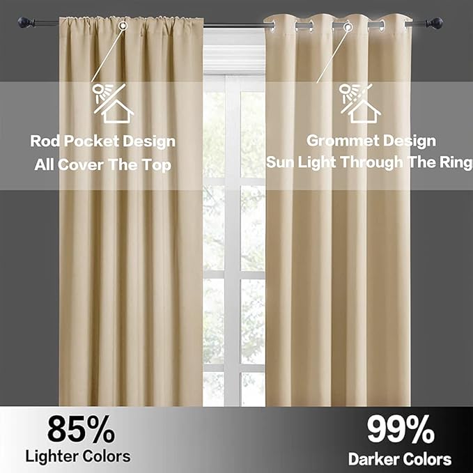 RYB HOME Curtains for Bedroom Living Room 63 inches Long, Thermal Insulated Privacy Rod Pocket Drapes for Nursery Office Home Theater, Width 42 by Length 63, Biscotti Beige, 2 Panels