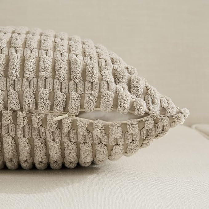 Fancy Homi Set of 4 Grey and White Decorative Throw Pillow Covers 18x18 Inch for Couch Bed Chair, Modern Farmhouse Boho Room Decor, Soft Fuzzy Double Sided Corduroy Textured Striped Cushion Case 45cm