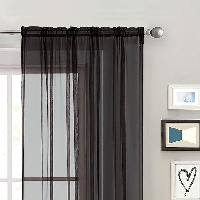 SpaceDresser Black Sheer Curtains 4 Panels Rod Pocket Semi-Sheer Curtain 108 Inches Long Light Filtering Voile Window Drapes for Bedroom Living Room Kitchen, Each 52W x 108L