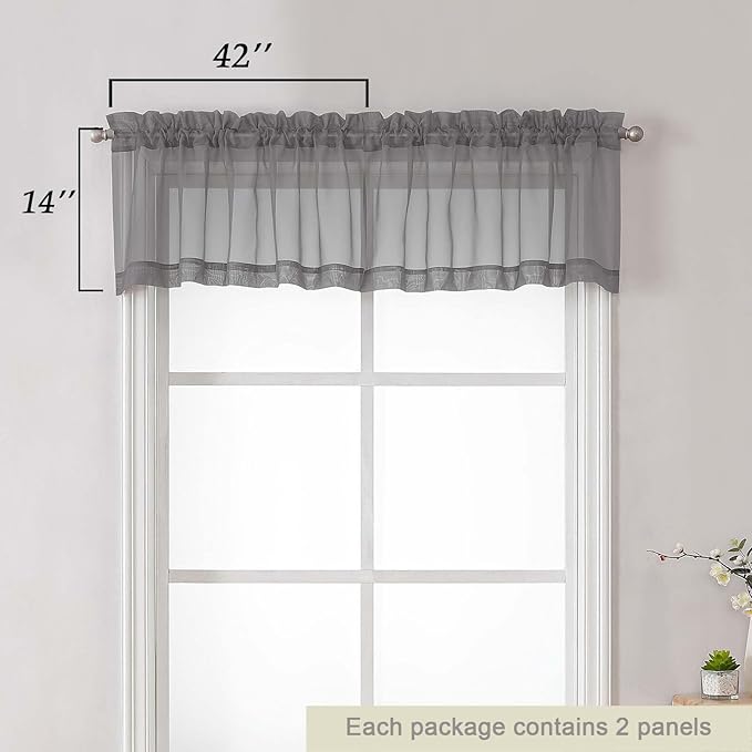 Grey Valances for Windows, Sheer Curtains 14 Inch Length 2 Pack Kitchen Curtain, Modern Solid Mini Small Window Curtains for Cafe Bathroom Basement, Grey, 42" Wx14 L Inch