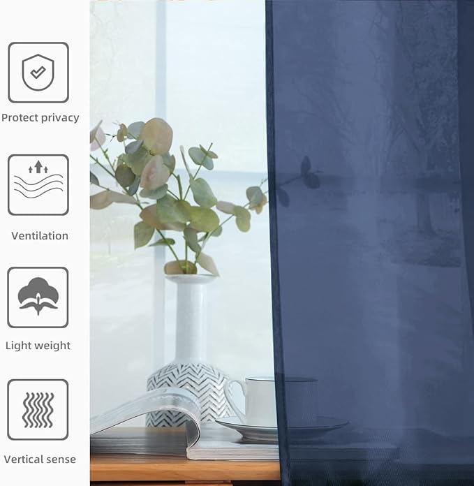 youleyar Solid Sheer Rod Pocket Curtain Voile Draperies 2 Panels White Beige Black Grey Coffee 52 Inch Width 63 Inch Long 1 Pair for Kitchen Bedroom Children Living Room Yard (Navy,52Wｘ63L)