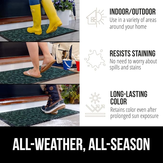 GORILLA GRIP 100% Waterproof All-Season WeatherMAX Doormat 35x23, US Designed Natural Rubber, Stain and Fade Resistant, Low Profile Indoor Outdoor Door Mats, Easy Clean Patio Mat, Moss Vine Leaves
